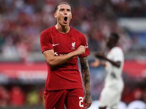 Liverpool's Uruguayan forward Darwin Nunez celebrates scoring his team's fifth goal during the friendly football match between German first division Bundesliga club RB Leipzig and Liverpool FC in Leipzig, eastern Germany, on July 21, 2022. (Photo by Ronny HARTMANN / AFP)