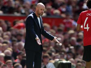 Manchester United's Dutch manager Erik ten Hag gestures on the touchline during a pre-season club friendly football match between Manchester United and Rayo Vallecano at Old Trafford in Manchester, north west England, on July 31, 2022. (Photo by Nigel Roddis / AFP)