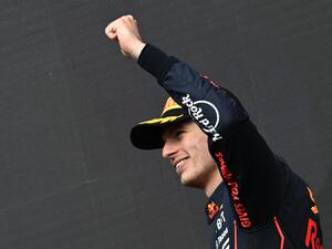 Red Bull Racing's Dutch driver Max Verstappen celebrates his victory during the podium ceremony of the Belgian Formula One Grand Prix at Spa-Francorchamps racetrack at Spa, on August 28, 2022. (Photo by JOHN THYS / AFP)
