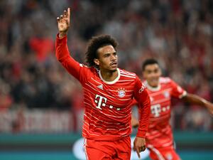 Bayern Munich's German midfielder Leroy Sane celebrates scoring the 2-0 goal during the UEFA Champions League Group C football match between FC Bayern Munich and FC Barcelona in Munich, southern Germany on September 13, 2022. (Photo by CHRISTOF STACHE / AFP)