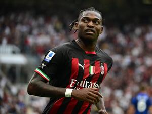 AC Milan's Portuguese forward Rafael Leao celebrates scoring his team's first goal during the Italian Serie A football match between AC Milan and Inter Milan at the San Siro stadium in Milan on September 3, 2022. (Photo by Miguel MEDINA / AFP)