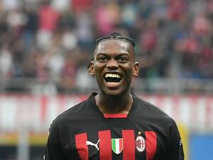 AC Milan's Portuguese forward Rafael Leao celebrates scoring his team's third goal during the Italian Serie A football match between AC Milan and Inter Milan at the San Siro stadium in Milan on September 3, 2022. (Photo by Isabella BONOTTO / AFP)