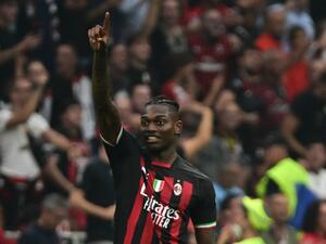 AC Milan's Portuguese forward Rafael Leao celebrates scoring his team's third goal during the Italian Serie A football match between AC Milan and Inter Milan at the San Siro stadium in Milan on September 3, 2022. (Photo by MIGUEL MEDINA / AFP)