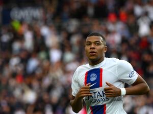 Paris Saint-Germain's French forward Kylian Mbappe reacts during the French L1 football match between Paris Saint-Germain (PSG) and Stade Brestois 29 (Brest) at the Parc des Princes Stadium in Paris on September 10, 2022. (Photo by Anne-Christine POUJOULAT / AFP)