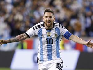 Argentina's Lionel Messi celebrates his goal during the international friendly football match between Argentina and Jamaica at Red Bull Arena in Harrison, New Jersey, on September 27, 2022. (Photo by Andres Kudacki / AFP)