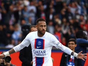 Paris Saint-Germain's Brazilian forward Neymar reacts after scoring the 1-0 goal during the French L1 football match between Paris Saint-Germain (PSG) and Stade Brestois 29 (Brest) at the Parc des Princes Stadium in Paris on September 10, 2022. (Photo by FRANCK FIFE / AFP)
