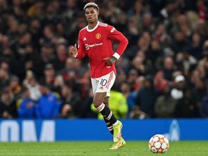Manchester United's English striker Marcus Rashford celebrates scoring his team's first goal during the UEFA Champions league group F football match between Manchester United and Atalanta at Old Trafford stadium in Manchester, north west England, on October 20, 2021. (Photo by Paul ELLIS / AFP)