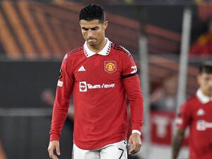 Manchester United's Portuguese striker Cristiano Ronaldo  react after conceding a goal during the UEFA Europa League Group E football match between Manchester United and Real Sociedad, at Old Trafford stadium, in Manchester, on September 8, 2022. (Photo by Oli SCARFF / AFP)
