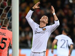 Manchester United's Portuguese striker Cristiano Ronaldo reacts after missing a chance during the UEFA Europa League group E football match between Sheriff and Manchester United at Zimbru stadium in Chisinau on September 15, 2022. (Photo by Daniel MIHAILESCU / AFP)