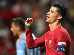 Portugal's forward Cristiano Ronaldo gestures during the UEFA Nations League, league A, group 2 football match between Portugal and Spain, at the Municipal Stadium in Braga on September 27, 2022. (Photo by PATRICIA DE MELO MOREIRA / AFP)