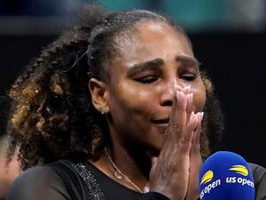 USA's Serena Williams gets emotional in a post match interview after losing against Australia's Ajla Tomljanovic during their 2022 US Open Tennis tournament women's singles third round match at the USTA Billie Jean King National Tennis Center in New York, on September 2, 2022. (Photo by TIMOTHY A. CLARY / AFP)