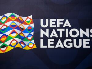 A view shows the logo of the UEFA Nations League football competition at the San Siro (Giuseppe-Meazza) stadium on October 5, 2021 in Milan, on the eve of the semifinal football match between Italy and Spain. (Photo by FRANCK FIFE / AFP)