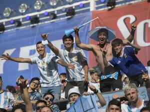 Fans of Argentina wait on the stands before the South American qualification football match for the FIFA World Cup Qatar 2022 between Argentina and Brazil at the San Juan del Bicentenario stadium in San Juan, Argentina, on November 16, 2021. (Photo by Juan Mabromata / AFP)