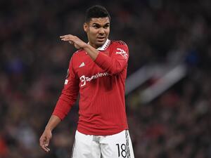 Manchester United's Brazilian midfielder Casemiro gestures during the UEFA Europa League Group E football match between Manchester United and Omonoia Nicosia, at Old Trafford stadium, in Manchester, north-west England, on October 13, 2022. (Photo by Oli SCARFF / AFP)
