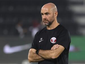 Qatar's Spanish coach Felix Sanchez leads a training session for the Qatar National Team at the Jassim bin Hamad stadium in the capital Doha on October 2, 2022. (Photo by KARIM JAAFAR / AFP)