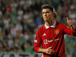 Manchester United's Portuguese striker Cristiano Ronaldo reacts at the end of the UEFA Europa League group E football match between Cyprus' Omonia Nicosia and England's Manchester United at GSP stadium in the capital Nicosia on October 6, 2022. (Photo by Khaled DESOUKI / AFP)