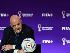FIFA President Gianni Infantino speaks during a press conference at the Qatar National Convention Center (QNCC) in Doha on November 19, 2022, ahead of the Qatar 2022 World Cup football tournament. Infantino hit back at Western critics of Qatar's human rights record at his opening press conference of the World Cup on November 19, blasting their "hypocrisy". (Photo by GABRIEL BOUYS / AFP)