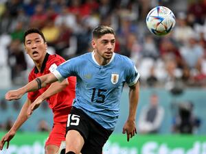Uruguay's midfielder #15 Federico Valverde watches the ball past South Korea's midfielder #05 Jung Woo-young during the Qatar 2022 World Cup Group H football match between Uruguay and South Korea at the Education City Stadium in Al-Rayyan, west of Doha on November 24, 2022. (Photo by JUNG Yeon-je / AFP)