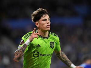 Manchester United's Argentinian midfielder Alejandro Garnacho celebrates scoring his team's first goal during the UEFA Europa League 1st round group E football match between Real Sociedad and Manchester United at the Anoeta stadium in San Sebastian, on November 3, 2022. (Photo by ANDER GILLENEA / AFP)
