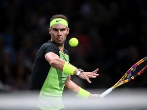 Spain's Rafael Nadal eyes the ball during the men's singles round of 16 tennis match between US' Paul Tommy and Spain's Rafael Nadal on day three of the ATP World Tour Masters 1000 - Paris Masters (Paris Bercy) - indoor tennis tournament at The AccorHotels Arena in Paris on November 2, 2022. (Photo by Christophe ARCHAMBAULT / AFP)