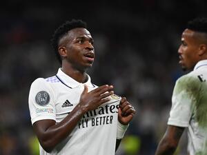 Real Madrid's Brazilian forward Vinicius Junior celebrates after scoring his team's fourth goal during the UEFA Champions League 1st round day 6 Group F football match between Real Madrid CF and Celtic FC at the Santiago Bernabeu stadium in Madrid on November 2, 2022. (Photo by PIERRE-PHILIPPE MARCOU / AFP)