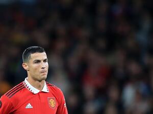 Manchester United's Portuguese striker Cristiano Ronaldo reacts during the UEFA Europa League Group E football match between Manchester United and Sheriff Tiraspol, at Old Trafford stadium, in Manchester, north-west England, on October 27, 2022. (Photo by Lindsey Parnaby / AFP)
