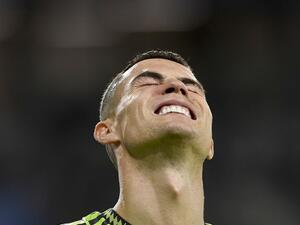 Manchester United's Portuguese striker Cristiano Ronaldo reacts during the UEFA Europa League 1st round group E football match between Real Sociedad and Manchester United at the Anoeta stadium in San Sebastian, on November 3, 2022. (Photo by ANDER GILLENEA / AFP)