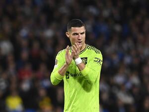 Manchester United's Portuguese striker Cristiano Ronaldo applauds during the UEFA Europa League 1st round group E football match between Real Sociedad and Manchester United at the Anoeta stadium in San Sebastian, on November 3, 2022. (Photo by ANDER GILLENEA / AFP)