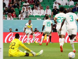 Senegal's forward #19 Famara Diedhiou (C) celebrates scoring his team's second goal with Senegal's defender #14 Ismail Jakobs (2L) during the Qatar 2022 World Cup Group A football match between Qatar and Senegal at the Al-Thumama Stadium in Doha on November 25, 2022. (Photo by KARIM JAAFAR / AFP)