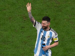 Argentina's forward #10 Lionel Messi waves at the end of the Qatar 2022 World Cup football semi-final match between Argentina and Croatia at Lusail Stadium in Lusail, north of Doha on December 13, 2022. (Photo by Paul ELLIS / AFP)