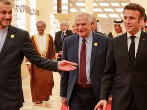 (From L)  Amir-Abdollahian, Borrell, Macron