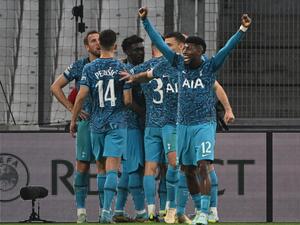 Tottenham's players celebrates scoring team's second goal during the UEFA Champions League group D football match between Olympique Marseille (OM) and Tottenham Hotspur at The Velodrome Stadium in Marseille, southern France on November 1, 2022. (Photo by CHRISTOPHE SIMON / AFP)