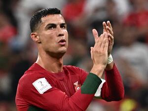 Portugal's forward #07 Cristiano Ronaldo applauds at the crowd after qualifying to the next round after defeating Switzerland 6-1 in the Qatar 2022 World Cup round of 16 football match between Portugal and Switzerland at Lusail Stadium in Lusail, north of Doha on December 6, 2022. (Photo by Anne-Christine POUJOULAT / AFP)