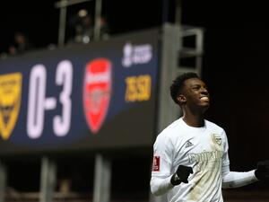 Arsenal's English striker Eddie Nketiah celebrates after scoring his team third goal during the FA Cup third round football match between Oxford United and Arsenal at the Kassam Stadium in Oxford, west of London, on January 9, 2023. (Photo by ADRIAN DENNIS / AFP)