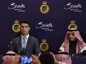 Portuguese forward Cristiano Ronaldo and President of Al-Nassr Musalli Al-Muammar attend a press conference at the Mrsool Park Stadium in the Saudi capital Riyadh on January 3, 2023, ahead of the unveiling ceremony. (Photo by AFP)