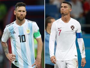 Argentina's forward Lionel Messi (L) in Kazan on June 30, 2018 and Portugal's forward Cristiano Ronaldo in Sochi on June 30, 2018. Cristiano Ronaldo and Lionel Messi saw their World Cup dreams snuffed out on June 30, 2018. (Photo by Roman KRUCHININ and Adrian DENNIS / AFP)