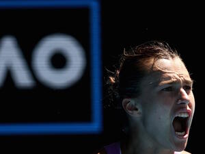Belarus' Aryna Sabalenka reacts on a point against Croatia's Donna Vekic during their women's singles quarter-final match on day ten of the Australian Open tennis tournament in Melbourne on January 25, 2023. (Photo by DAVID GRAY / AFP)