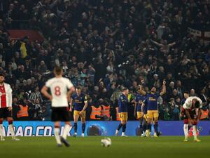Newcastle United's Brazilian striker Joelinton celebrates scoring the opening goal during the English League Cup semi-final first-leg football match between Southampton and Newcastle United at St Mary's Stadium in Southampton, southern England on January 24, 2023. (Photo by ADRIAN DENNIS / AFP)