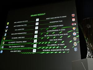 This photograph shows the draw result of the UEFA Europa Conference League and the trophy after the draw for the round of 16 of the 2022-2023 UEFA Europa Conference League football tournament in Nyon, on February 24, 2023. (Photo by Fabrice COFFRINI / AFP)