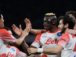 Napoli's Nigerian forward Victor Osimhen celebrates after scoring his side's second goal during the Italian Serie A football match between Napoli and Cremonese on February 12, 2023 at the Diego-Maradona stadium in Naples. (Photo by Filippo MONTEFORTE / AFP)