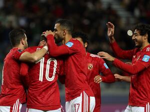 Ahly's Egyptian forward Mohamed Sherif (2nd-L) celebrates with teammates after scoring their second goal during the FIFA Club World Cup first round football match between Egypt's Al-Ahly and New Zealand's Auckland City at the Ibn Batouta Stadium in Tangier on February 1, 2023. (Photo by Fadel Senna / AFP)