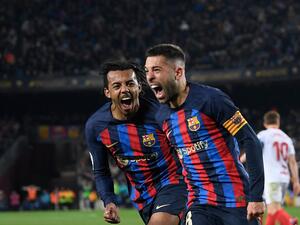 Barcelona's Spanish defender Jordi Alba celebrates after scoring his team's first goal during the Spanish league football match between FC Barcelona and Sevilla FC at the Camp Nou stadium in Barcelona, on February 5, 2023. (Photo by Josep LAGO / AFP)