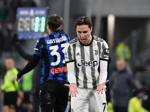 Juventus' Italian forward Federico Chiesa reacts during the Italian Serie A football match between Juventus and Atalanta at the Juventus Stadium in Turin, on January 22, 2023. (Photo by Isabella BONOTTO / AFP)