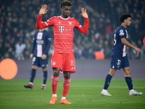 Bayern Munich's French forward Kingsley Coman celebrates scoring his team's first goal during first leg of the UEFA Champions League round of 16 football match between Paris Saint-Germain (PSG) and FC Bayern Munich at the Parc des Princes stadium in Paris on February 14, 2023. (Photo by FRANCK FIFE / AFP)
