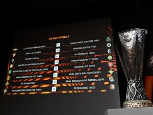 This photograph shows the draw result and the UEFA Europa League trophy after the draw for the round of 16 of the 2022-2023 UEFA Europa League football tournament in Nyon, on February 24, 2023. (Photo by Fabrice COFFRINI / AFP)