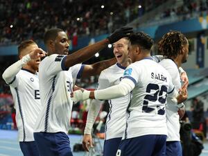Hilal's players celebrate their team's second goal during the FIFA Club World Cup semi-final football match between Brazil's Flamengo and Saudi Arabia's Al-Hilal at the Ibn Batouta Stadium in Tangier on February 7, 2023. (Photo by FADEL SENNA / AFP)