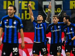 Inter Milan's Argentinian forward Lautaro Martinez celebrates after opening the scoring during the Italian Serie A football match between Inter and AC Milan on February 5, 2023 at the San Siro stadium in Milan. (Photo by MIGUEL MEDINA / AFP)