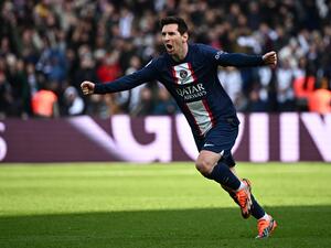 Paris Saint-Germain's Argentine forward Lionel Messi celebrates scoring his team's fourth goal during the French L1 football match between Paris Saint-Germain (PSG) and Lille LOSC at The Parc des Princes Stadium in Paris on February 19, 2023. (Photo by Anne-Christine POUJOULAT / AFP)