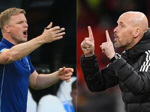 Newcastle United's English head coach Eddie Howe (L) and Manchester United's Dutch manager Erik ten Hag (R). (Photo by Lindsey Parnaby and Oli SCARFF / AFP) 