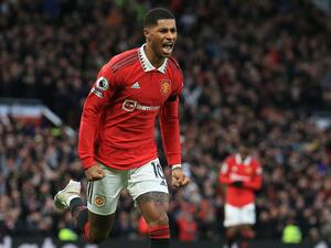 Manchester United's English striker Marcus Rashford celebrates after scoring his team's second goal during the English Premier League football match between Manchester United and Crystal Palace at Old Trafford in Manchester, north west England, on February 4, 2023. (Photo by Lindsey Parnaby / AFP)
